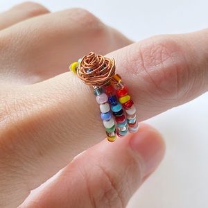 Handmade multicolor beaded copper ring